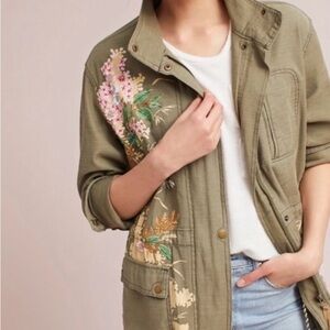 Anthropologie Anorak Olive Sequin/Floral Utility Jacket
